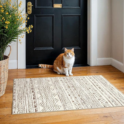 2x4 Washable Entryway Runner Rug: Moroccan Small Area Rug Soft Non Slip Door Mat for Hallway Low Pile Thin Stain Resistant Floor Carpet for Kitchen Bedroom Bathroom Bedside Indoor(2x4,Beige)