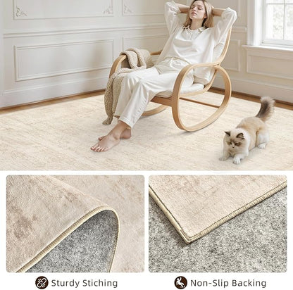 8x10 Area Rugs for Living Room: Vintage Boho Neutral Washable Rug Indoor Soft Large Area Rug Carpet for Bedroom Nursery Farmhouse Dining Room Office Floor Non-Slip Low Pile Under Table Rug Retro Beige