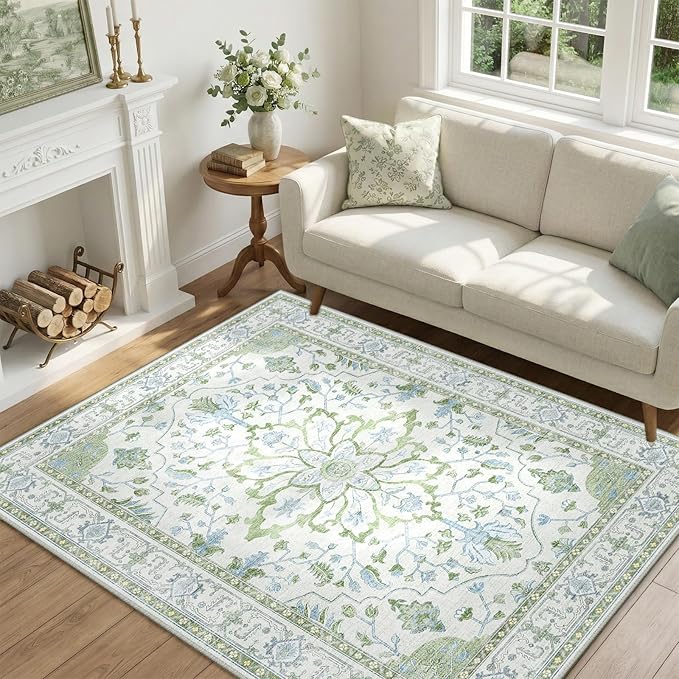 Area Rugs 4'x6' Washable Non-Slip, Floral Vintage Distress Print Pattern Medallion Carpet for Living Room Bedroom Dining Room, Green White Blue