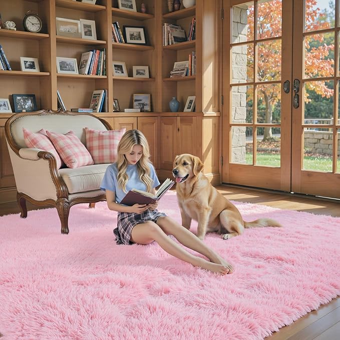 Area Rugs 9x12 Living Room, Pink Large Area Rug Shag Shaggy Carpet Soft Plush Furry Bedside Rug, Machine Washable Area Rugs for Bedroom Kids Girls Boys Home Decor Anti Slip(9 x 12, Pink)