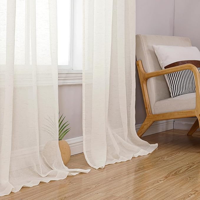 Simplebrand Natural Linen Textured Sheer Curtains 72 inches Long 2 Panels, Rod Pocket Solid Color Window Sheer Curtain Panels, Elegant Curtains & Drapes for Living Room, Bedroom (40" W x 72" L)