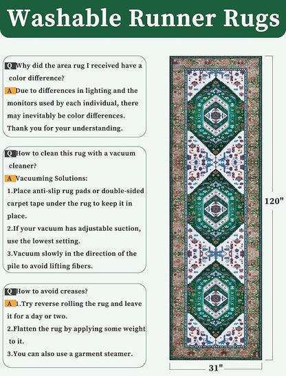 SERISSA Runner Rug for Hallways, 2'6"x10' Washable Non Slip Kitchen Runner Rug, Long Boho Rug Vintage Green White Hallway Stair Ultra Soft Print Floor Carpet for Bedroom Bathroom Laundry Room