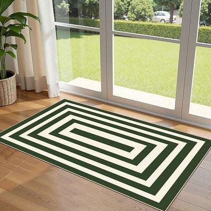 Front Door Mat Indoor Entrance - 2x4.3 Ft Modern Washable Spring Outdoor Door Mat for Layering Porch Rug Non-Slip Green White Geometric Runner Rug for Kitchen Bedroom Laundry Room Porch Decor