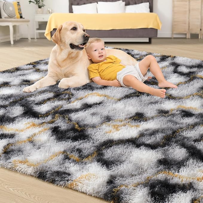Tepook Soft Fluffy Rugs for Living Room, 5x8 Shaggy Area Rug for Bedroom, Modern Shag Rug Fuzzy Carpets for Kids, Plush Indoor Nursery Home Decor Rug with Non-Slip Bottom, White Black Gold