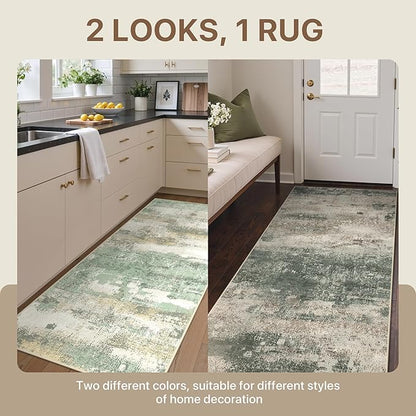BEIMO Reversible 2'6"x6' Runner Rugs for Hallway, Modern Abstract Dual-Sided Runners for Entryway, Machine Washable Soft Low Pile Kitchen Runner, Includes Non-Slip Rug Pad, Green & Grey
