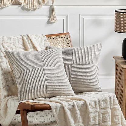 Fancy Homi 2 Packs Neutral Grey Decorative Throw Pillow Covers 22x22 Inch for Living Room Couch Bed Sofa, Rustic Farmhouse Boho Home Decor, Soft Corss Corduroy Patchwork Accent Cushion Case 55x55 cm