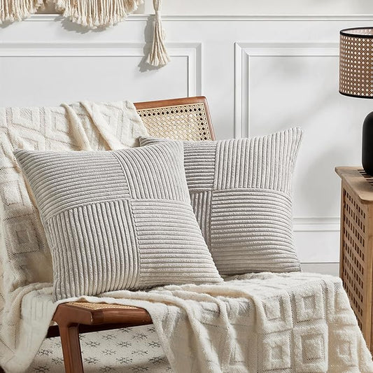 Fancy Homi 2 Packs Neutral Grey Samll Decorative Throw Pillow Covers 12x12 Inch with for Couch Bed Sofa, Rustic Farmhouse Boho Home Decor, Soft Corss Patchwork Corduroy Square Cushion Case 30x30 cm