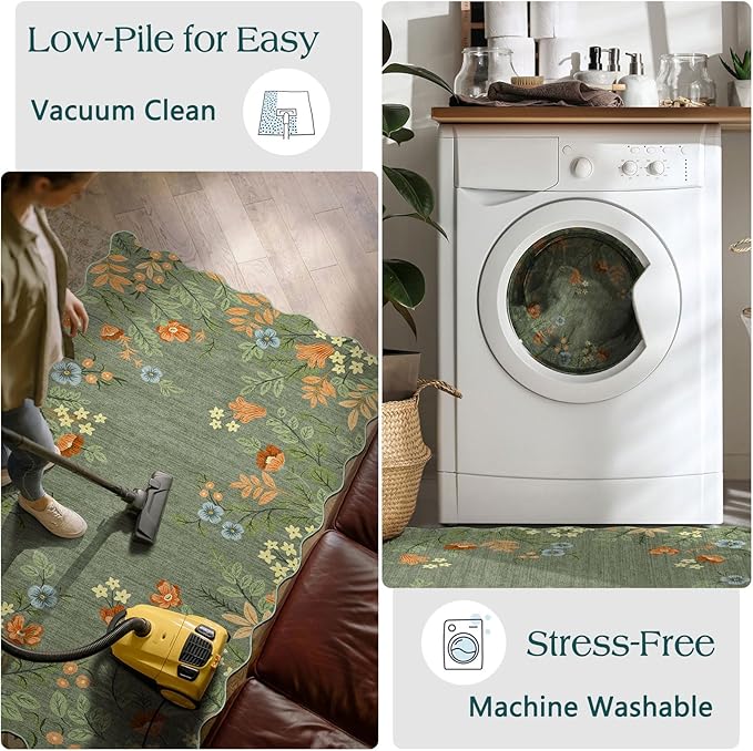 Floral Outdoor Rug - 28" x 43" Front Door Mat Indoor Outside Entrance Non-Slip Washable Outdoor Mat Sage Green Boho Flower Rug for Entryway Kitchen Bedroom Layered Doormat for Front Porch
