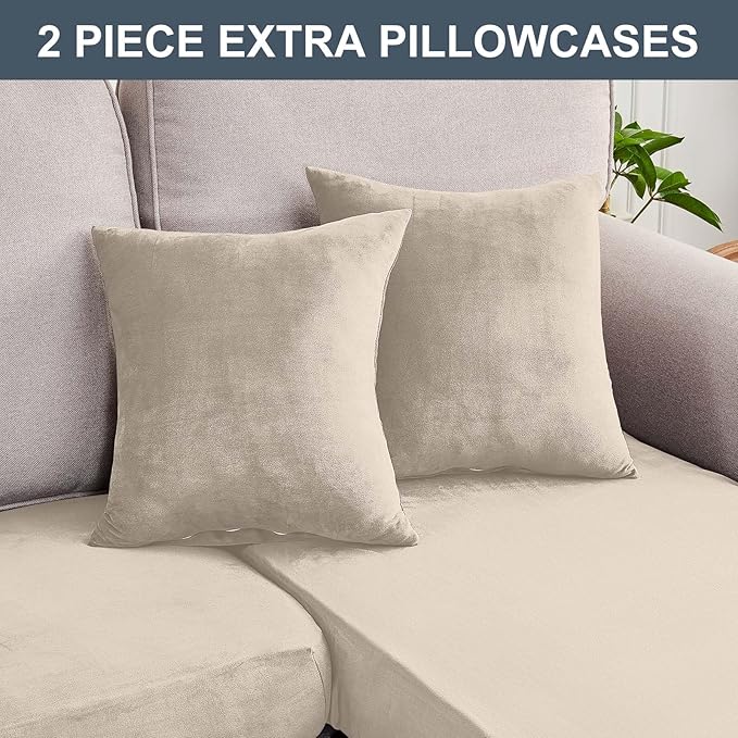 Couch Cover 3-Piece Elastic Velvet Couch Cushion Covers & Chaise Slipcovers for L-Shaped Sofas - Sofa Seat Covers Washable, Soft Protector for Couches (2 Seater + Chaise, Cream)
