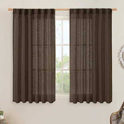 LAMIT Semi Sheer Linen Curtains 45 Inches Long, Light Filtering Panels Back Tab and Rod Pocket Neutral Drapes for Kitchen/Window/Bedroom, Dark Brown, 2 Panels, 52 x 45 Inch