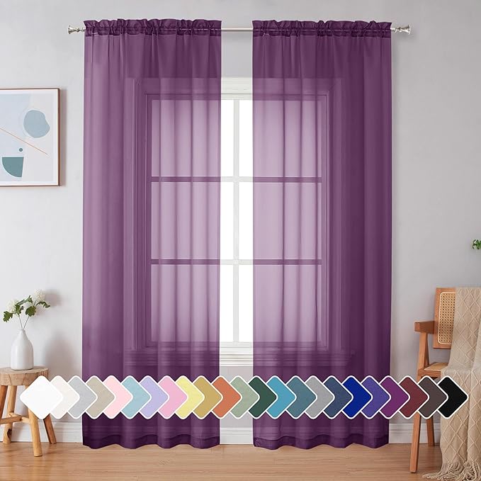 Simplebrand Plum Purple Sheer Curtains 84 Inches Long 2 Panels, Light Filtering Rod Pocket Solid Color Window Sheer Curtain Panels, Elegant Curtains & Drapes for Living Room, Bedroom, 42" W x 84" L