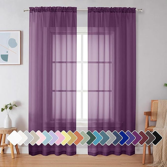 Simplebrand Plum Purple Sheer Curtains 84 Inches Long 2 Panels, Light Filtering Rod Pocket Solid Color Window Sheer Curtain Panels, Elegant Curtains & Drapes for Living Room, Bedroom, 42" W x 84" L