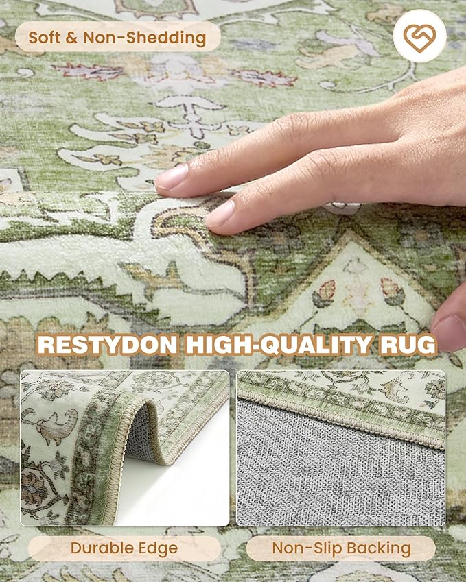 Runner Rug 2x10, Ultra-Thin Kitchen Rugs Non Slip Washable Rugs for Entryway Rug, Kitchen Runner Low Pile Vintage Soft Carpets for Living Room, Bathroom Bedroom (Light Green,2'x10')