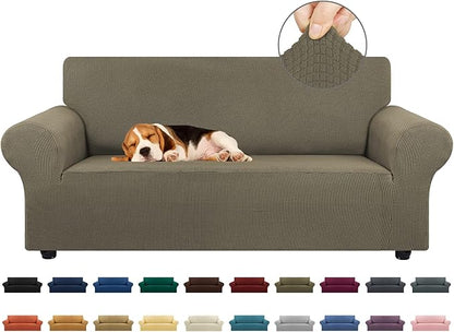 KEKUOU Stretch Loveseat Sofa Cover Slipcover,Couch Covers for 2 Cushion Couch Sofa (55"-78") Furniture Protector Sofa with Elastic Bottom for Kids,Dog. Jacquard Small Checked (Medium,Khaki)