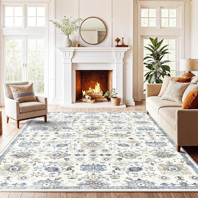 AMADA HOMEFURNISHING 9x12 Washable Area Rug, Low-Profile Large Area Rug with Non-Slip Backing & Durable Edge Binding, Vintage Large Rugs for Living Room, Bedroom & Dining Room