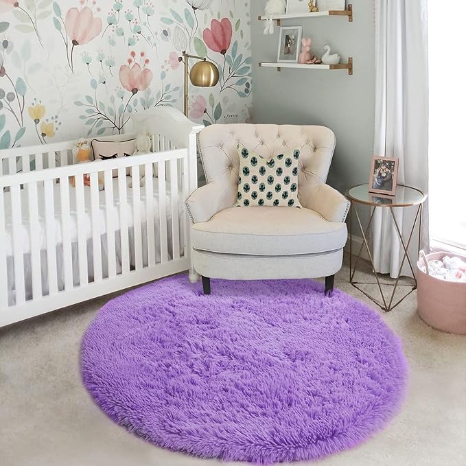 Amdrebio Purple Round Rugs 5Ft for Girls Bedroom Decor Aesthetic, Fluffy Fuzzy Circle Area Rug for Kids Playroom, Cute Furry Shaggy Circular Princess Carpet for Living Room, Baby Nursery, Preppy Dorm