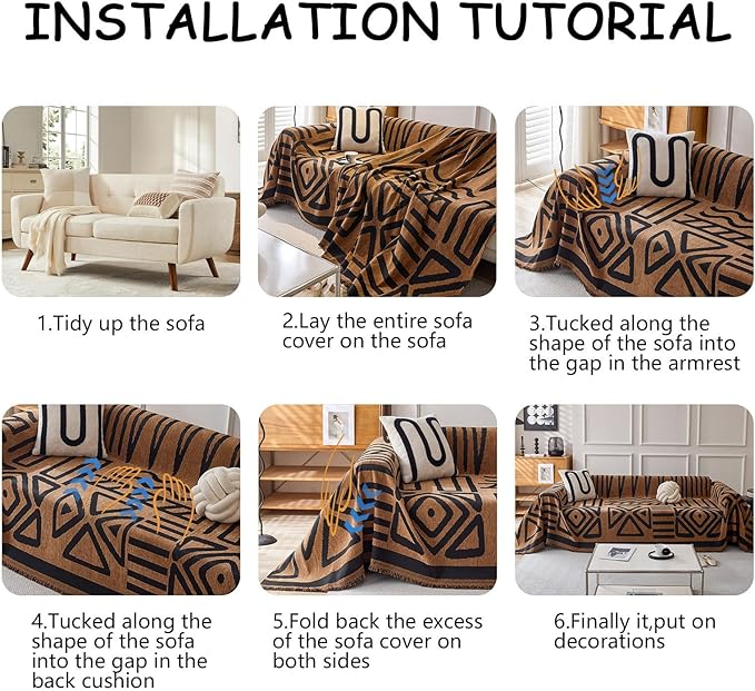 HANDONTIME Boho Geometric Couch Covers for Sofa Pet Friendly Brown and Black Sofa Covers Washable Chenille Couch Blanket Cover for 3 4 Cushion Couches Pet Protector Furniture Cover Soft, 71" X 134"