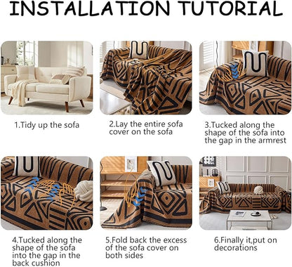 HANDONTIME Boho Geometric Couch Covers for Sofa Pet Friendly Brown and Black Sofa Covers Washable Chenille Couch Blanket Cover for 3 4 Cushion Couches Pet Protector Furniture Cover Soft, 71" X 134"
