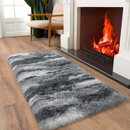 Soft Runner Rugs for Bedroom Hallways, 2x4 Abstract Grey Fluffy Shag Throw Area Rug Non Slip for Bedside Dorm, Long Shaggy Furry Carpet for Nursery Living Room