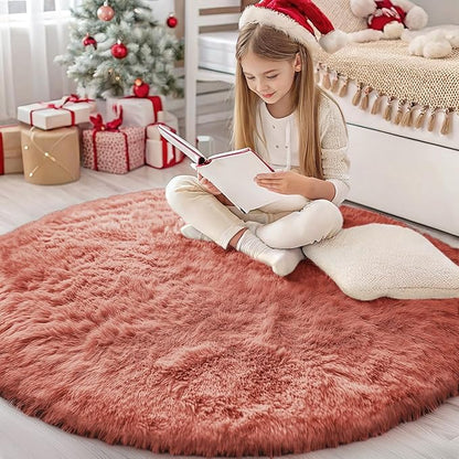 OLANLY Rust Red Round Rugs for Bedroom - Machine Washable, 4 ft Circle Area Rugs for Living Room, Soft and Fluffy Shaggy Carpet for Teen Girl and Boys, Nursery Rooms, Dorms, Home Decor Aesthetic