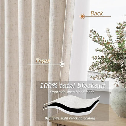 Guken 100% Blackout Linen Curtains 63 Inch Length 2 Panels Set for Living Room Bedroom Back Tab Thermal Insulated Black Out Drapes Room Darkening Farmhouse Style for Bedroom Window Curtains 40 Wide