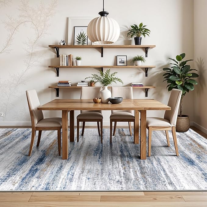 6x9 Area Rug for Living Room: Non-Slip Washable Rugs for Dining Room Bedroom Study Home Office - Easy-to-Clean Stain and Water Resistant Carpet - Soft Low-Pile Mat Navy Grey