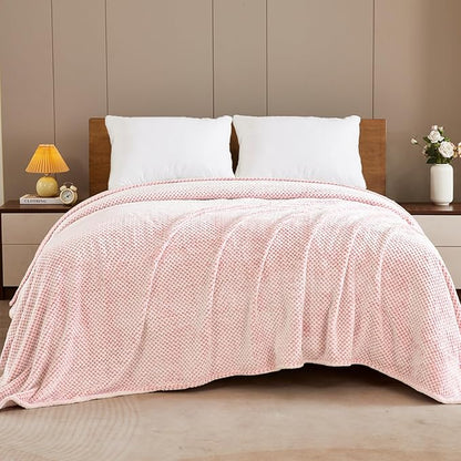 Exclusivo Mezcla Fleece Bed Blanket Queen Size, Super Soft and Warm Blankets for Couch, Sofa and Bed Waffle Textured, Cozy, Fuzzy and Lightweight (Heather Dusty Pink, 90x90 Inches)