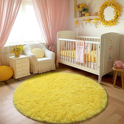 Amdrebio Yellow Round Circle Area Rug 4Ft for Bedroom Living Room, Fluffy Fuzzy Plush Rugs for Kids Room Decor Aesthetic, Cute Furry Shag Kawaii Circular Carpet for Classroom Nursery Dorm Toddler Baby