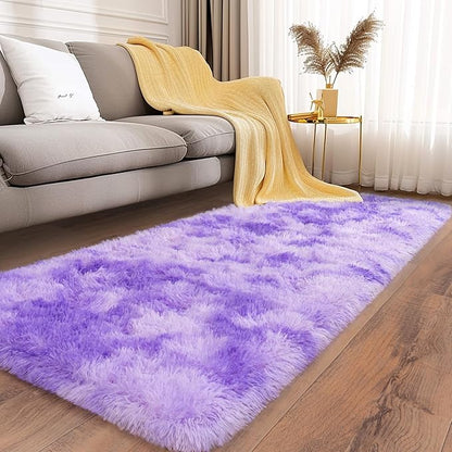 Soft Runner Rugs for Bedroom Hallways, 2x6 Tie-Dyed Purple Fluffy Shag Throw Area Rug Non Slip for Bedside Dorm, Long Shaggy Furry Carpet for Nursery Living Room