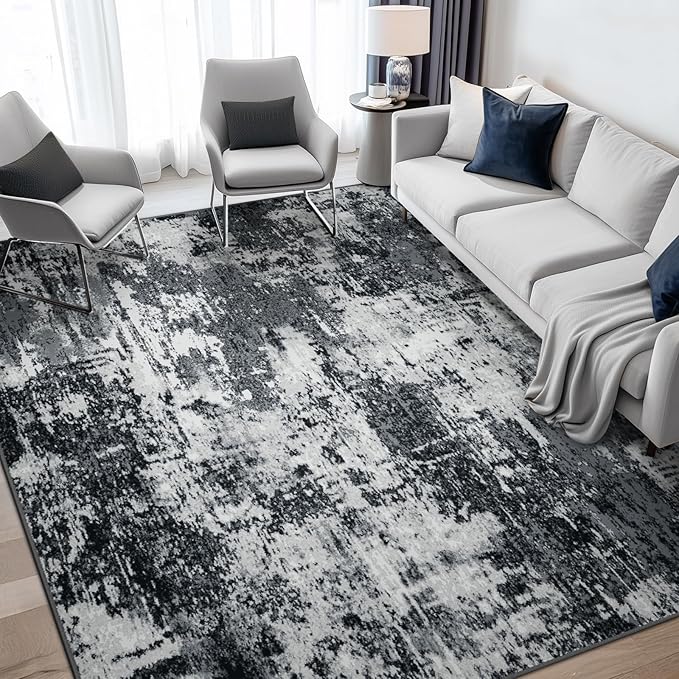 Washable Area Rugs 5'x7' Non-Slip Modern Abstract Soft for Living Room Entryway Bedroom Nursery, Print Pattern, Black Navy Blue Gray