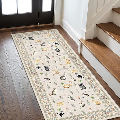 2x6 Washable Kitchen Runner Rug - Soft Low Pile Floral Animal Cat Print Rugs with Non-Slip Backing Waterproof Stain-Resistant Indoor Carpet for Hallway Entryway Bathroom Bedroom (Light Beige)