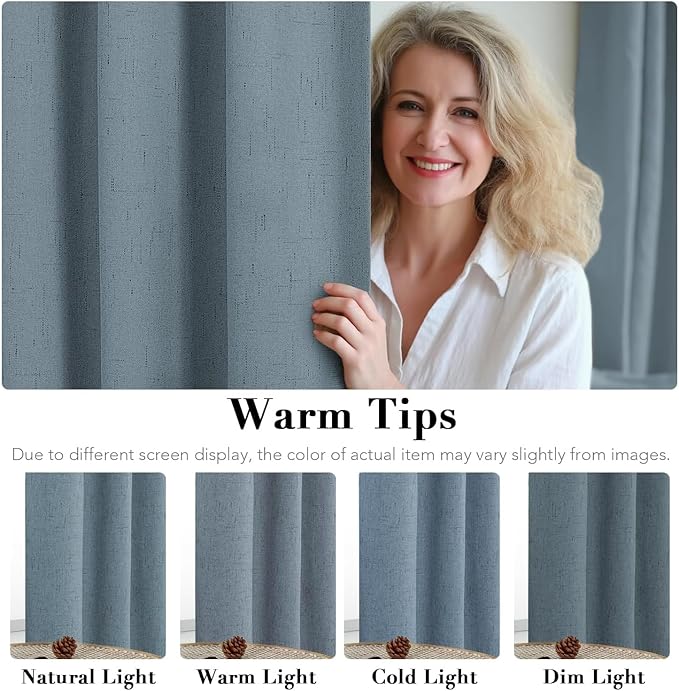 H.VERSAILTEX Linen Curtains 100% Blackout Curtains for Bedroom 102 inch Long Full Light Blocking Nature Linen Blended Window Curtains for Living Room Nickel Grommet (2 Panels, Stone Blue)