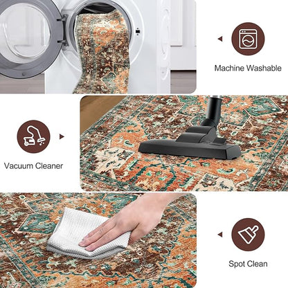 Yamaziot Washable Runner Rug, 2x10 Non-Slip Boho Vintage Hallway Rug Runner with Rubber Backing, Stain Resistant Distressed Carpet Runner for Bedroom, Kitchen, Laundry, Entrance