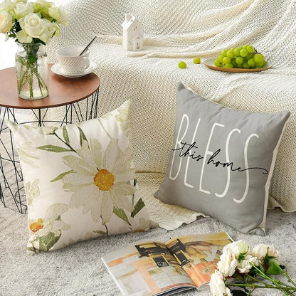 AVOIN colorlife Home Sweet Home Spring Summer Flowers Throw Pillow Covers, 16 x 16 Inch Grey Cushion Case for Sofa Couch Set of 4