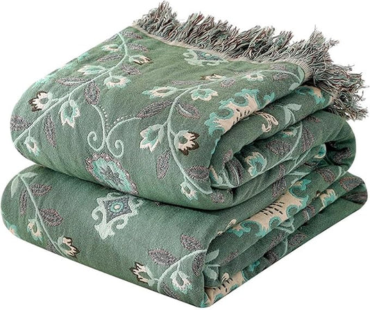 MSGKV Boho Throw Blanket for Couch Bed 60''x80'', 100% Cotton Blankets Woven Green Blanket Spring Reversible Spring Breathable Lightweight Decorative Throws