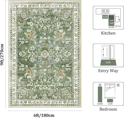 Yamaziot Washable Area Rug 6x9, Large Non-Slip Boho Floral Living Room Rug with Rubber Backing, Low Pile Distressed Carpet for Bedroom, Living Room, Dining Room, Green