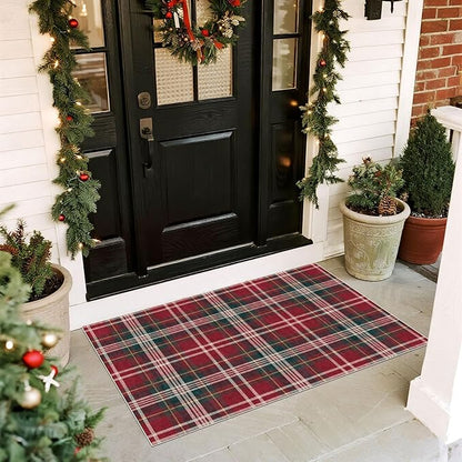 Christmas Front Door Mat Indoor Entrance - 2x3 Ft Non-Slip Doormat Outdoor Rug Small Red Holiday Tartan Plaid Entry Rug for Layered Door Mats Front Porch Entryway Kitchen New Year Decor