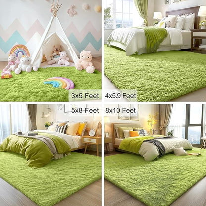 OLANLY 3x5 Machine Washable Small Bedside Rug, Soft Fluffy Shaggy Rugs for Living Room, Bedroom, Indoor Floor Carpet for Kids Girls and Boys, Preppy Dorms, Nursery, Home Decor Aesthetic, Grass Green