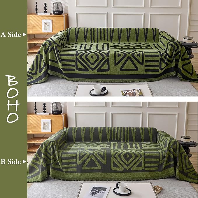 HANDONTIME Boho Geometric Couch Covers for Sofa Pet Friendly Avocado and Black Sofa Covers Washable Chenille Couch Blanket Cover for 3 4 Cushion Couches Pet Protector Furniture Cover Soft, 71" X 150"