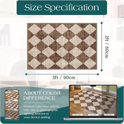 Front Door Rug - 2x3 Brown Beige Non-Slip Washable Doormat Indoor Outdoor Mat Outside Entrance Entry Rug Checkered Diamond Small Area Rugs for Entryway Bedroom Kitchen Front Porch Decor