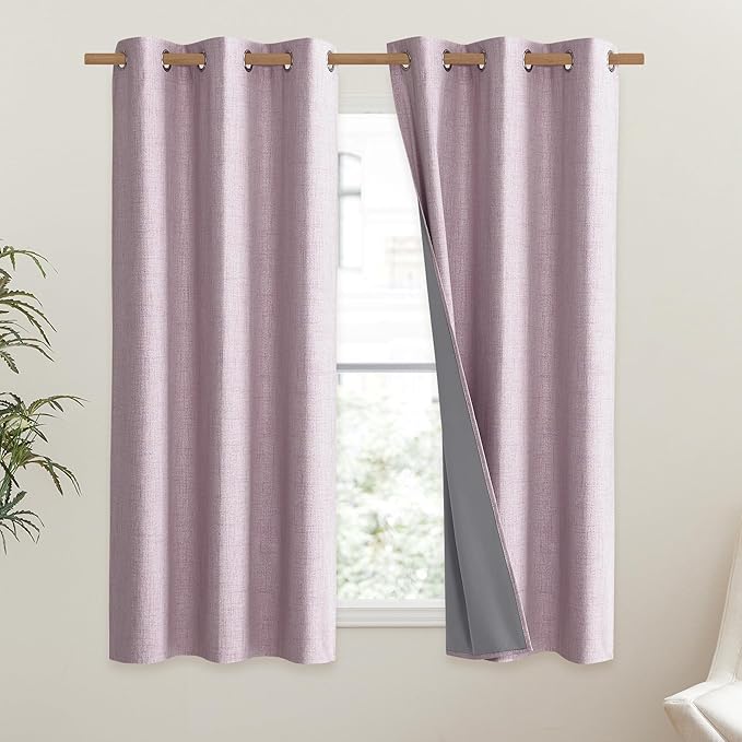 NICETOWN Pink Vintage Linen 100% Blackout Curtains for Classroom, Thermal Insulated Curtains 63" Long, Noise Reducing Window Treatment Drapes for Gym Room, 42" Wide Per Panel, Set of 2