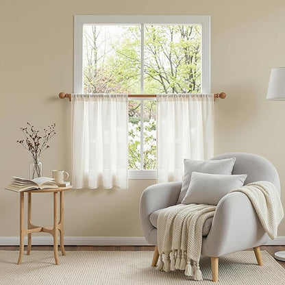 MYSKY HOME Small Window Natural Curtains for Kitchen, Short Cafe Curtains 24 Inches Long Semi Sheer Light Filtering Window Panels Rod Pocket Valance Drapes for Bathroom Basement, 2 Panels, 34" Wide