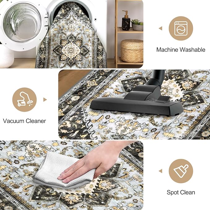 Yamaziot Washable Runner Rug, 2x8 Non-Slip Boho Vintage Hallway Rug Runner with Rubber Backing, Stain Resistant & Low Pile Distressed Carpet Runner for Bedroom, Kitchen, Laundry, Entrance, Black Gold