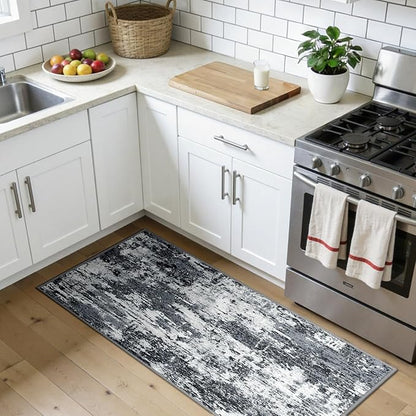 Washable Area Rugs 2'x5' Non-Slip Modern Abstract Soft for Living Room Entryway Bedroom Nursery, Print Pattern, Black Navy Blue Gray