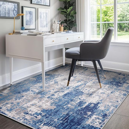 Washable Area Rugs 6'x9' Non-Slip Modern Abstract Soft for Living Room Entryway Bedroom Nursery, Print Pattern, Blue Grey Navy Gray