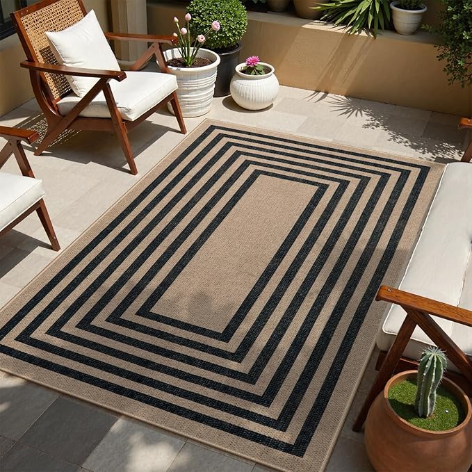 Lahome Enfys Modern Geometric Easy Jute Entryway Rug, 4x6 Black Washable Carpet for Bedroom Contemporary Thin Living Room Patio Rug, Farmhouse Non Slip Indoor Outdoor Carpet for Dining Room Backyard