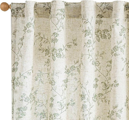 Lazzzy Green Floral Linen Curtains 96 Inch Farmhouse Back Tab Drapes for Living Room Bedroom Light Filtering Vintage Grandmillennial Rod Pocket Curtains, 2 Panels, W38 x L96, Green on Beige