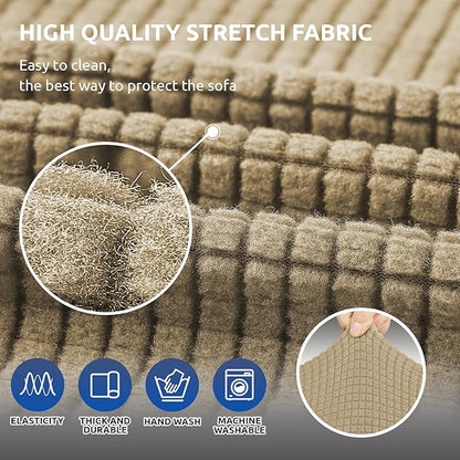 KEKUOU Stretch Sofa Cover Slipcover ，Couch Covers for 3 Cushion Couch Sofa pet Friendly (79"-94") Furniture Protector Sofa with Elastic Bottom for Kids,Dog, Jacquard Small Checked(Large,Tan)