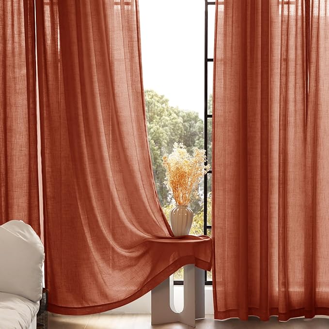 90 inch Linen Terracotta Curtains 2 Panels for Living Room Back Tab Light Filtering Semi Sheer Rust Colored Curtains 90 inches Long Soft Thick Cotton Cloth Textured Rustic Boho Farmhouse Room Decor