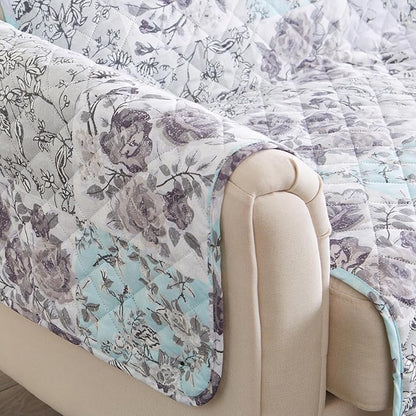 Great Bay Home Reversible Floral Patchwork Loveseat Furniture Protector - Machine Washable, Scalloped Edge, Stain Resistant, Printed Furniture Cover for Dogs, Kids, and Pets (Gray/Aqua)